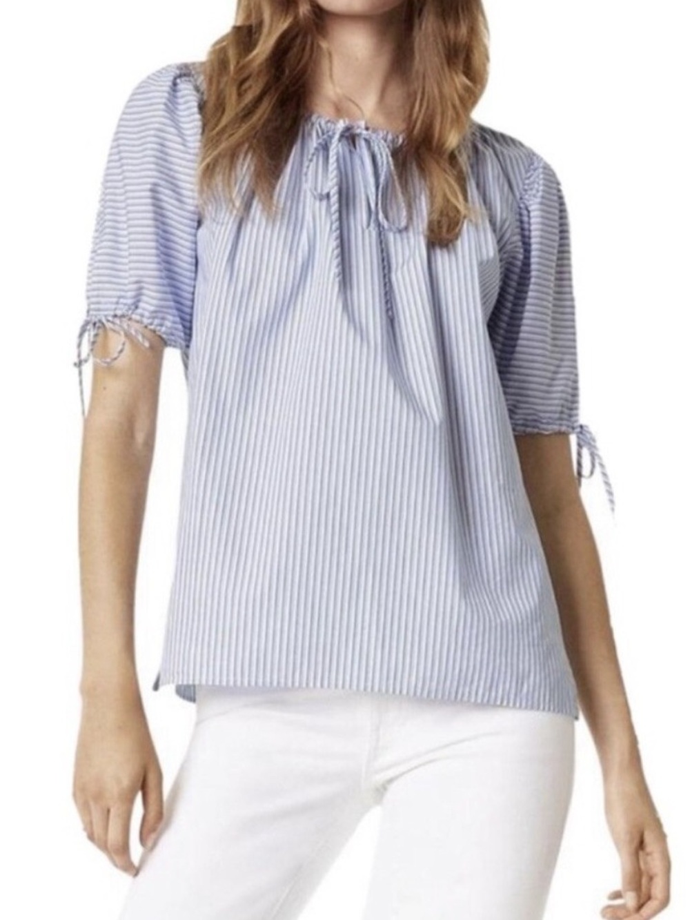Tory Burch Ariana Ombre Striped Drawstring Blouse Coastal Luxury.        L24